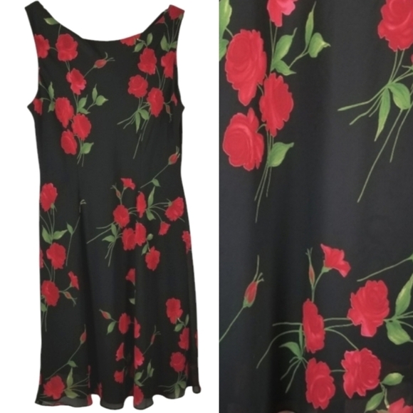 Ronni Nicole Dresses & Skirts - Womens Midi Dress Size 14 Black Red Floral Cowlneck Whimsigoth Fairy Grunge Y2K